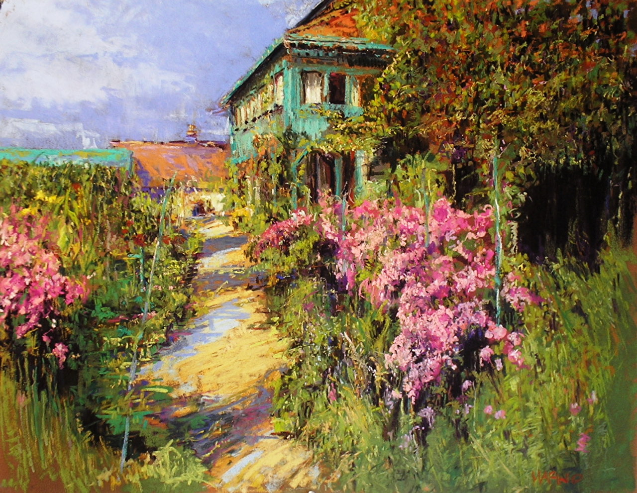 A la Maison, a pastel of a flower-framed house by Maria Marino