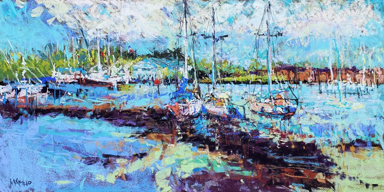 Anchored at Port Salerno, a pastel of anchored boats by Maria Marino
