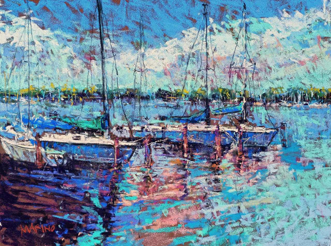 Boats in the Harbor, a pastel of moored boats by Maria Marino