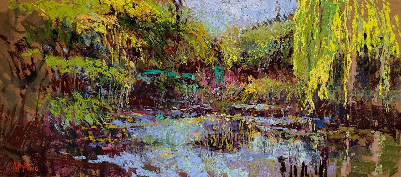 In the Evening Hour, a pastel of a tidal creek at dusk by Maria Marino