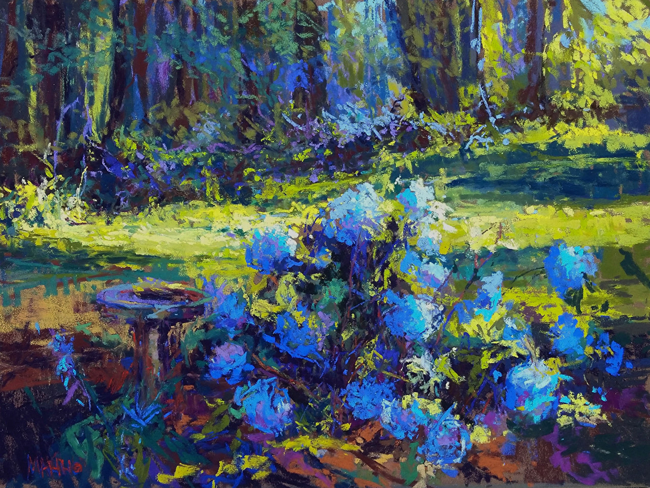 Late Afternoon in the Garden, a pastel of a sunlit garden by Maria Marino