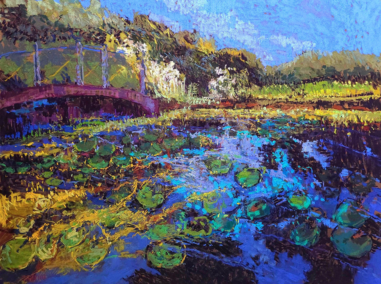 Midsummer Pond, a pastel of a lily pond in summer by Maria Marino