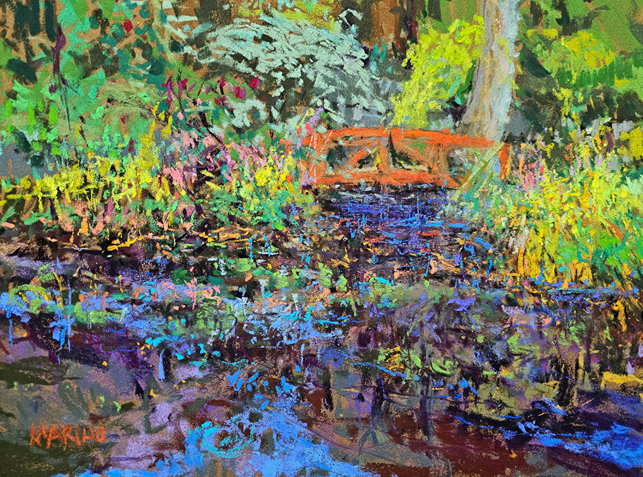 Millbrook Pond in Autumn, a pastel of an autumn pond by Maria Marino