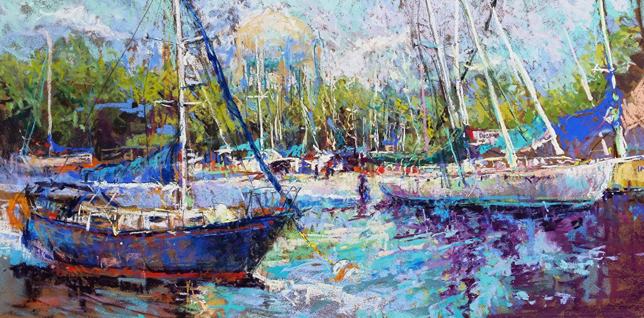 Morning at Back Creek, Eastport, a panoramic pastel of a harbor at dawn by Maria Marino