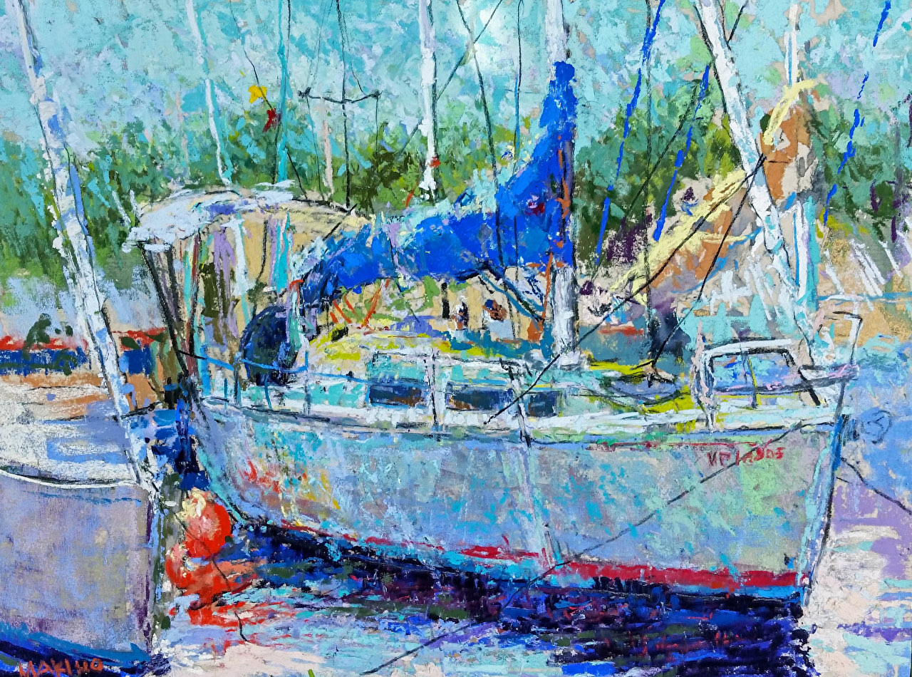 Ready to Sail, the Wyanoke, a pastel and watercolor of a sailboat by Maria Marino