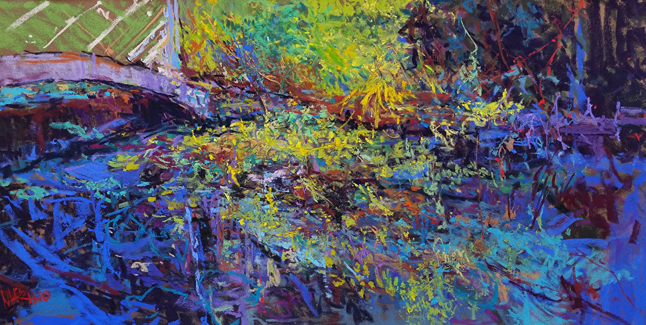 Secret Garden at the Paca House, a pastel of a walled garden by Maria Marino
