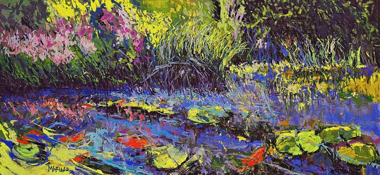 The Koi Pond, a panoramic pastel of a koi pond by Maria Marino