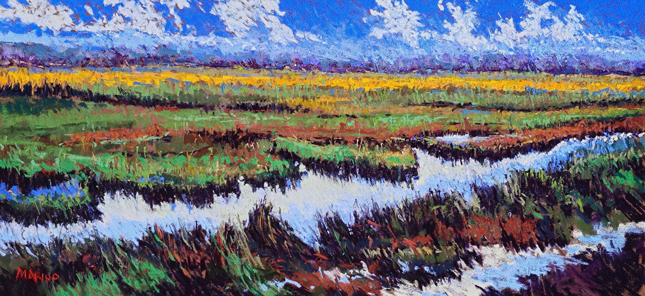 The Marsh, a panoramic pastel of coastal marshland by Maria Marino