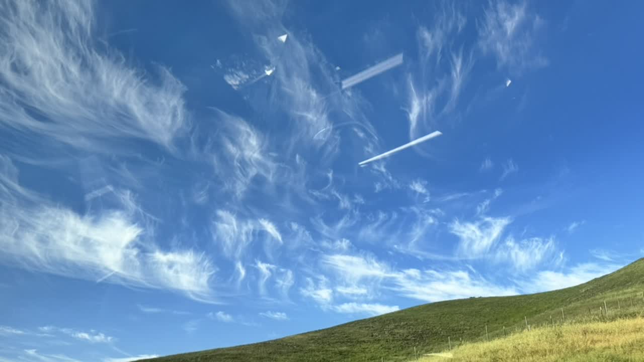 Green hillside beneath wispy clouds
